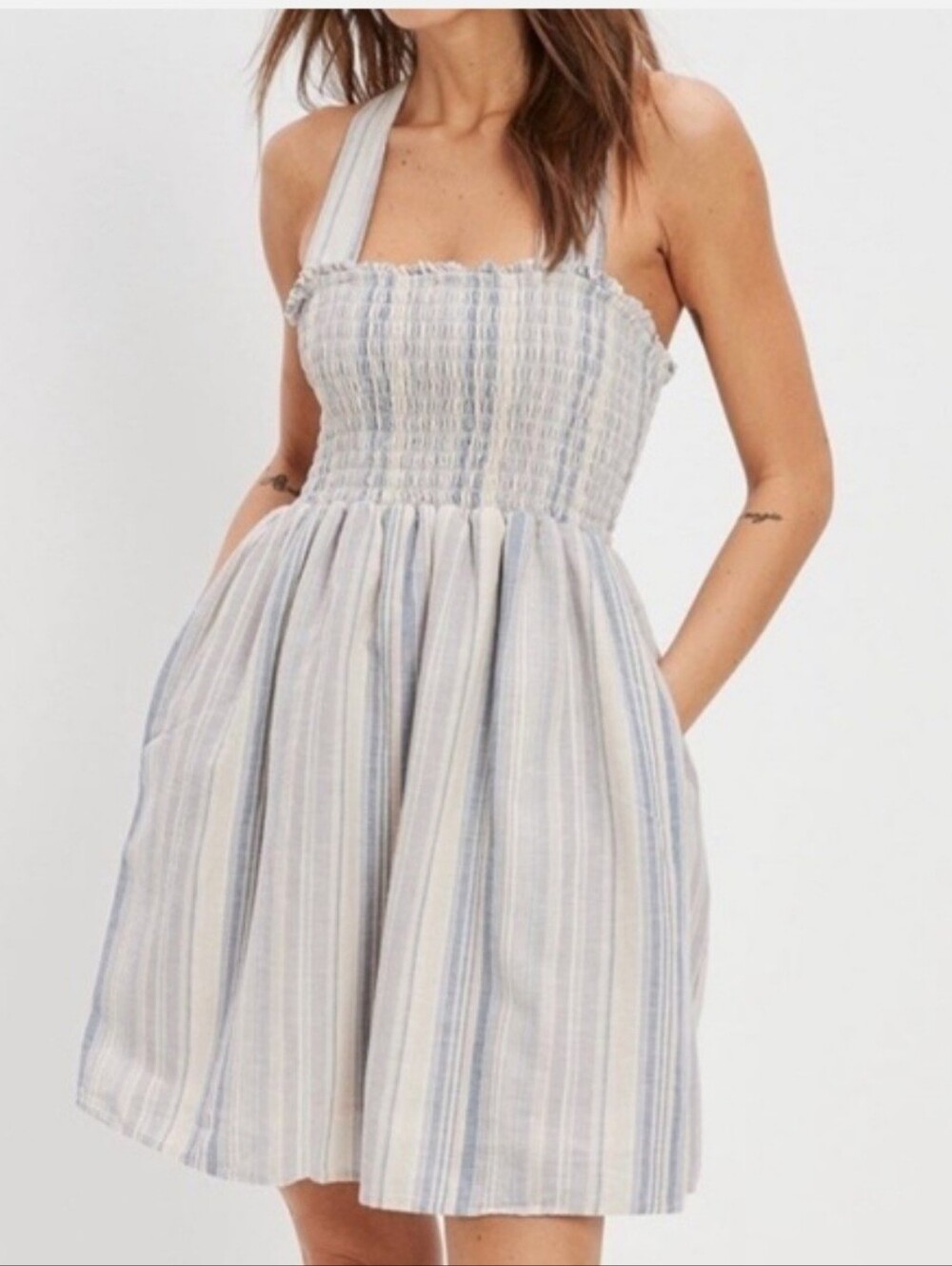 American Eagle Outfitters Blue & Grey Striped Smocked Sundress Large New